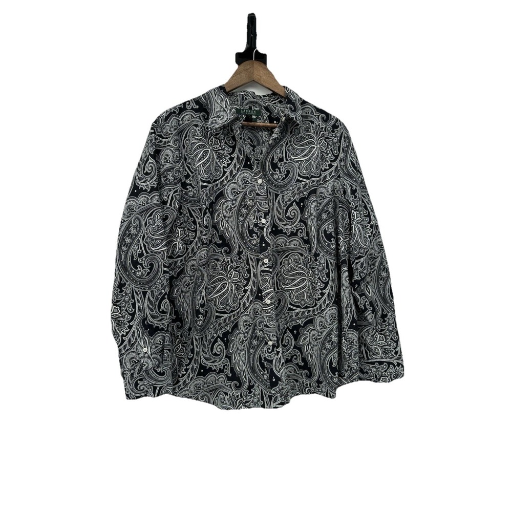 Lauren Ralph Lauren Womens 2X Button Up Black White Paisley Blouse Western Boho